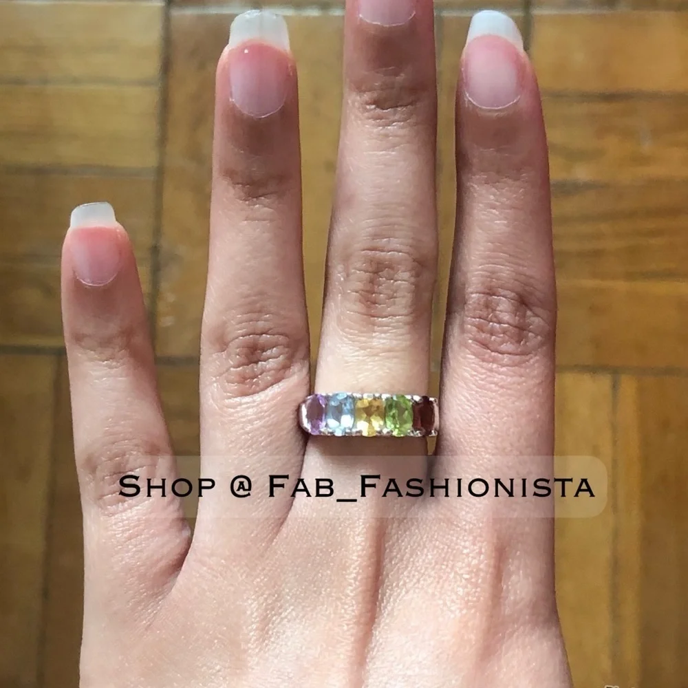 Multi-Stone Gemstone Rainbow Ring Sterling Silver size 5.75
